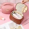 Stylish PU Leather Toiletry Organizer Bag, Large Capacity Makeup Pouch with Built-in Brush Slots