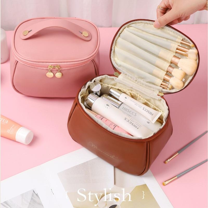Stylish PU Leather Toiletry Organizer Bag, Large Capacity Makeup Pouch with Built-in Brush Slots