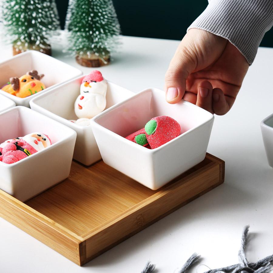 MUZITY Keramik Dessertteller Quadratische Form Obstteller Mit Bambus- und Holztablett Porzellan Kuchen- oder Süßigkeitenteller