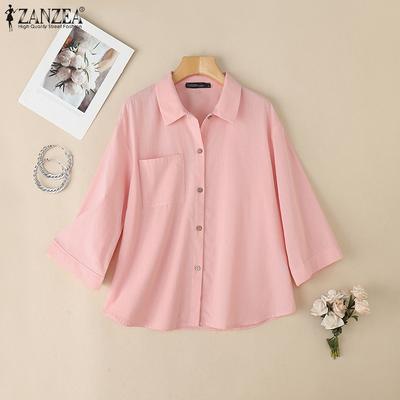Womens Turn Down Collar 3/4 Sleeve Loose Button Blouse