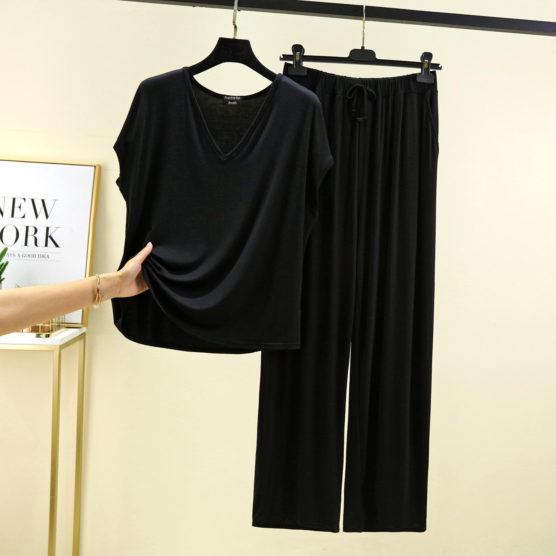 

Женская летняя модальная домашняя одежда без рукавов с V-образным вырезом: Свободный, облегающий комплект из двух предметов: футболка и брюки XXL чёрный