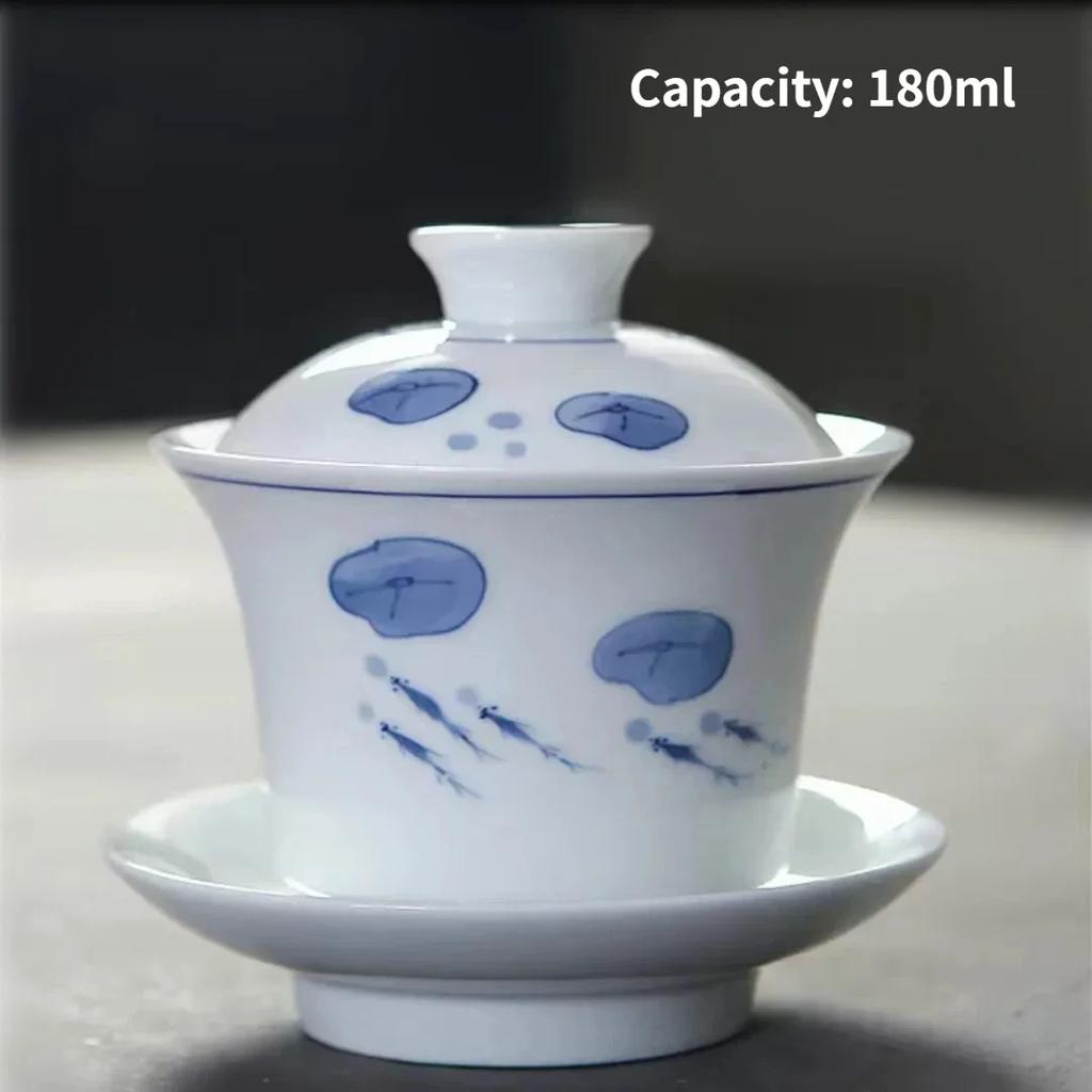 Jingdezhen-Porcelain Tea Set, Ceramic Teacups and Saucers, Handpainted Lotus, Travel, Easy Gaiwan, Porcelain Cup, Tableware