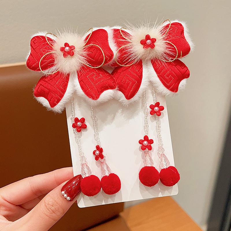 1pár děti rok Červená mašle Sponky do vlasů Kawaii Vlasové doplňky Motýlí střapce Spona do vlasů Všestranná spona do vlasů ve starověkém stylu