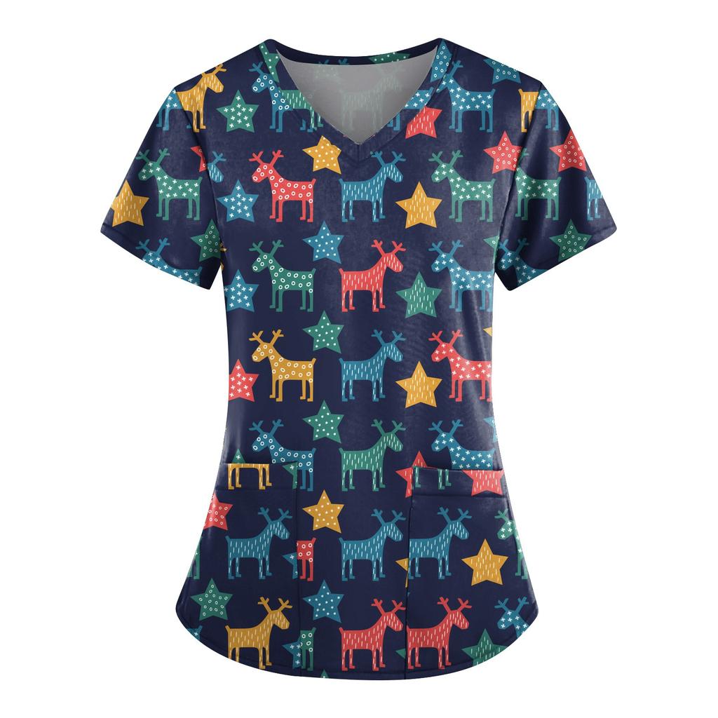 Tricou cu imprimeu de Crăciun, cu decolteu în V, ocazional, haine de lucru, cu buzunare