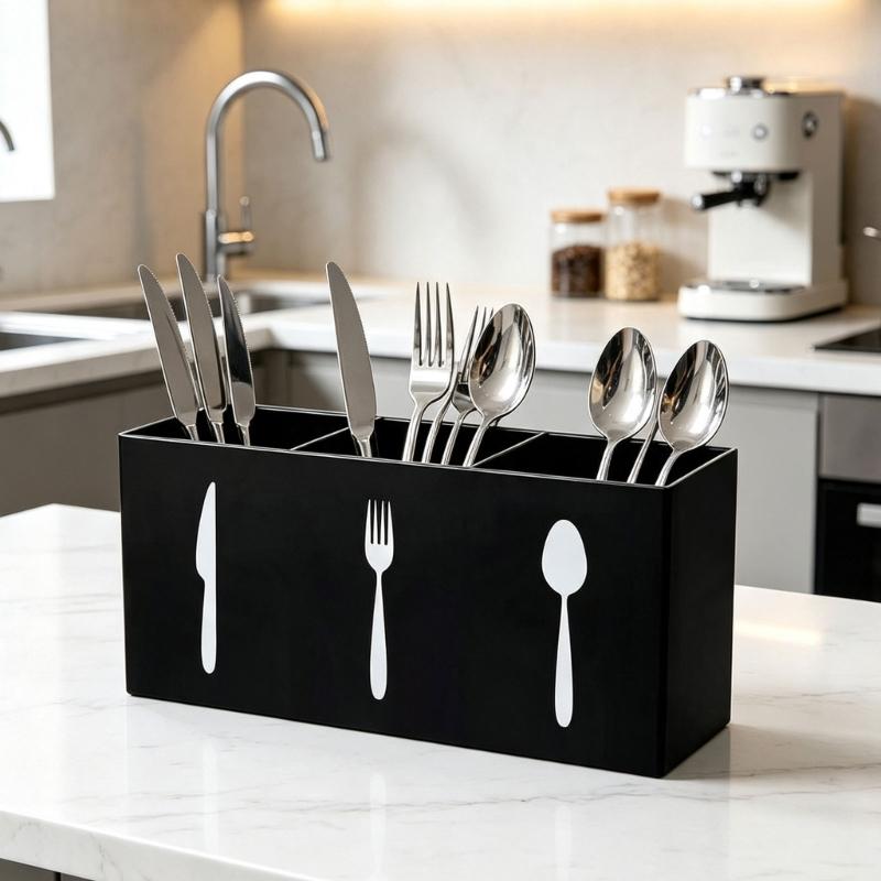 Besteckhalter Acryl 3 Fächer Besteckkasten mit Top-Zugang für Küchenarbeitsplatte und Kaffeebar Servicebereich