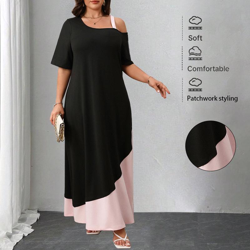 

2025 Spring/Summer European & American Women s Solid Color Patchwork Spaghetti Strap Short-Sleeve Dress XL чёрный
