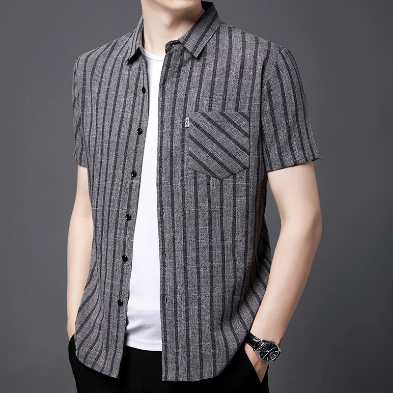 

Мужская летняя рубашка с короткими рукавами, повседневная, средне-синяя, в полоску, тонкая рубашка с лацканами XXXXL