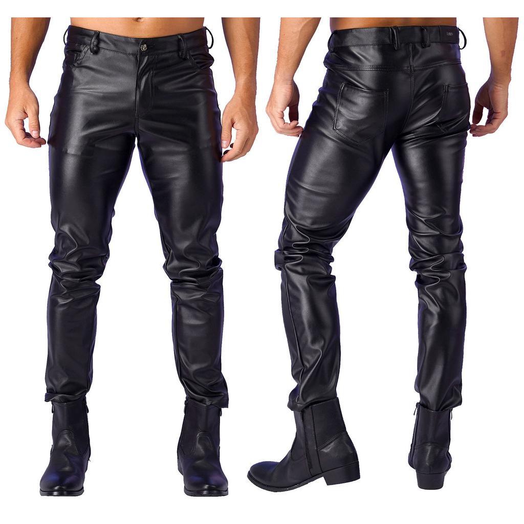Mens PU Leather Biker Pants Gothic Stretch Fit Halloween Club Party Attire