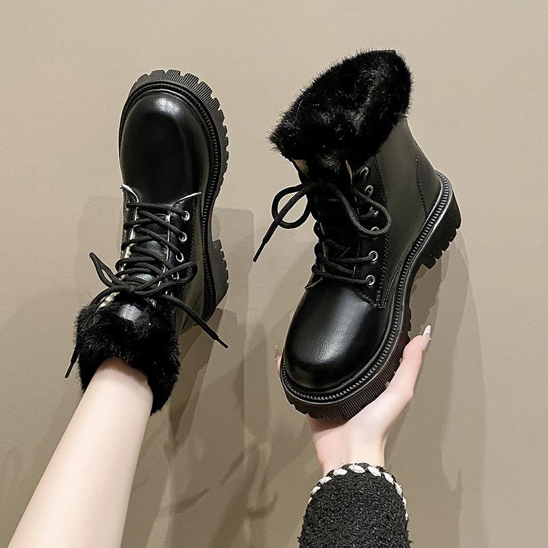 Fashion Snow Boots for Women Female Shoes Winter Footwear Boots-Women Plush Round Toe Flat Heel Leather Lolita Ladies Med 2024 Fur