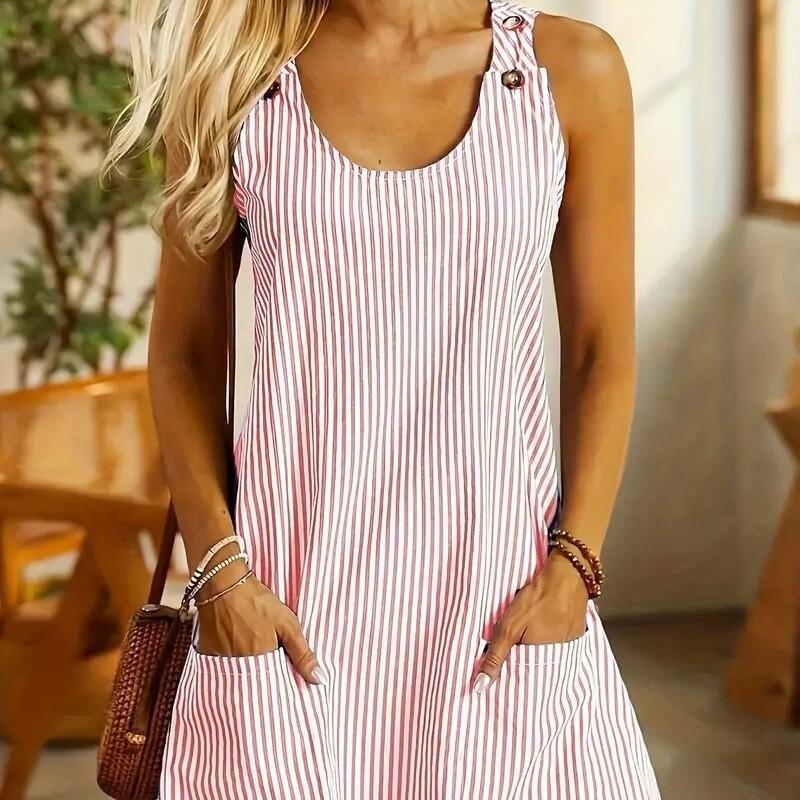 Casual Cotton Polyester Striped Pocket Aline Dress For Spring And Summer Wear