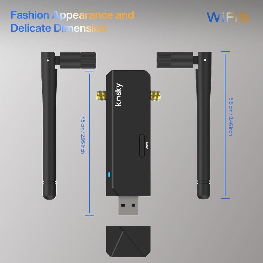 Kosky 1200Mbps Wifi Adapter WiFi 5 Daul-band 802.11ac USB2.0 Boost Your Internet Speed with 1200Mbps Wireless USB Wifi Adapter