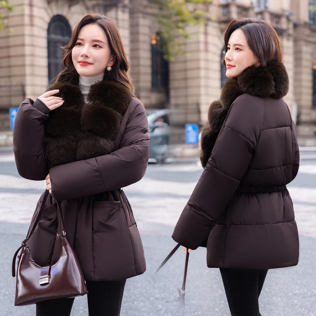 Autumn and winter new European products waist thin big fur collar cotton clothes women's medium and long styles with belts women's display cotton clo