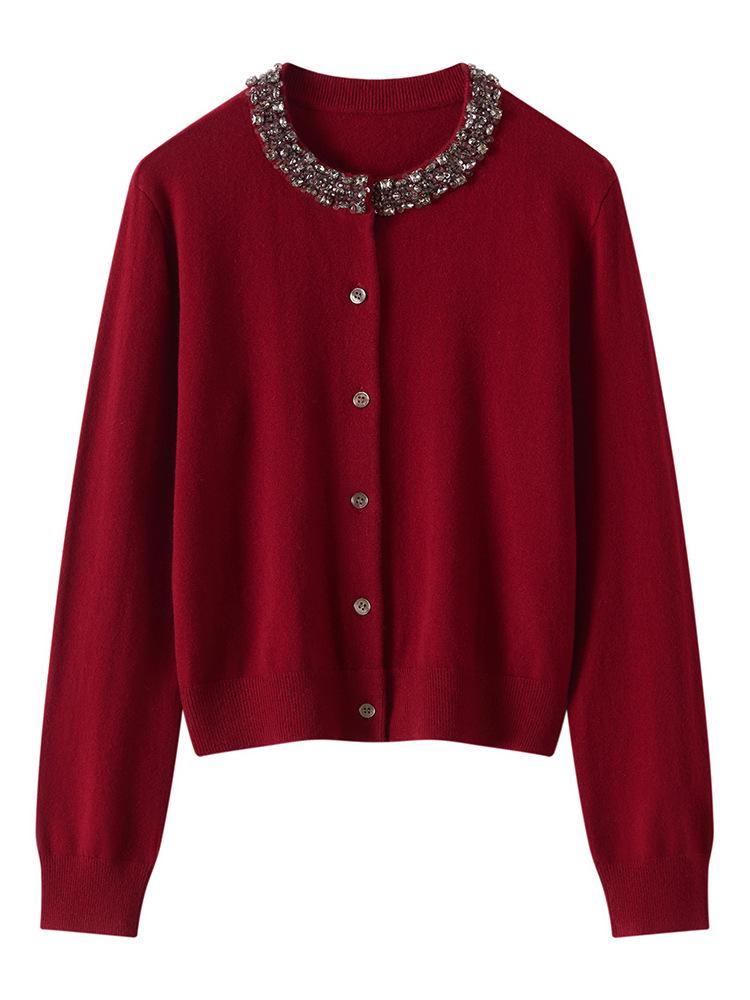 Women's Round Neck Cashmere Beaded Knit Cardigan - Autumn/Winter Solid Color Long Sleeve Versatile Fashion Sweater