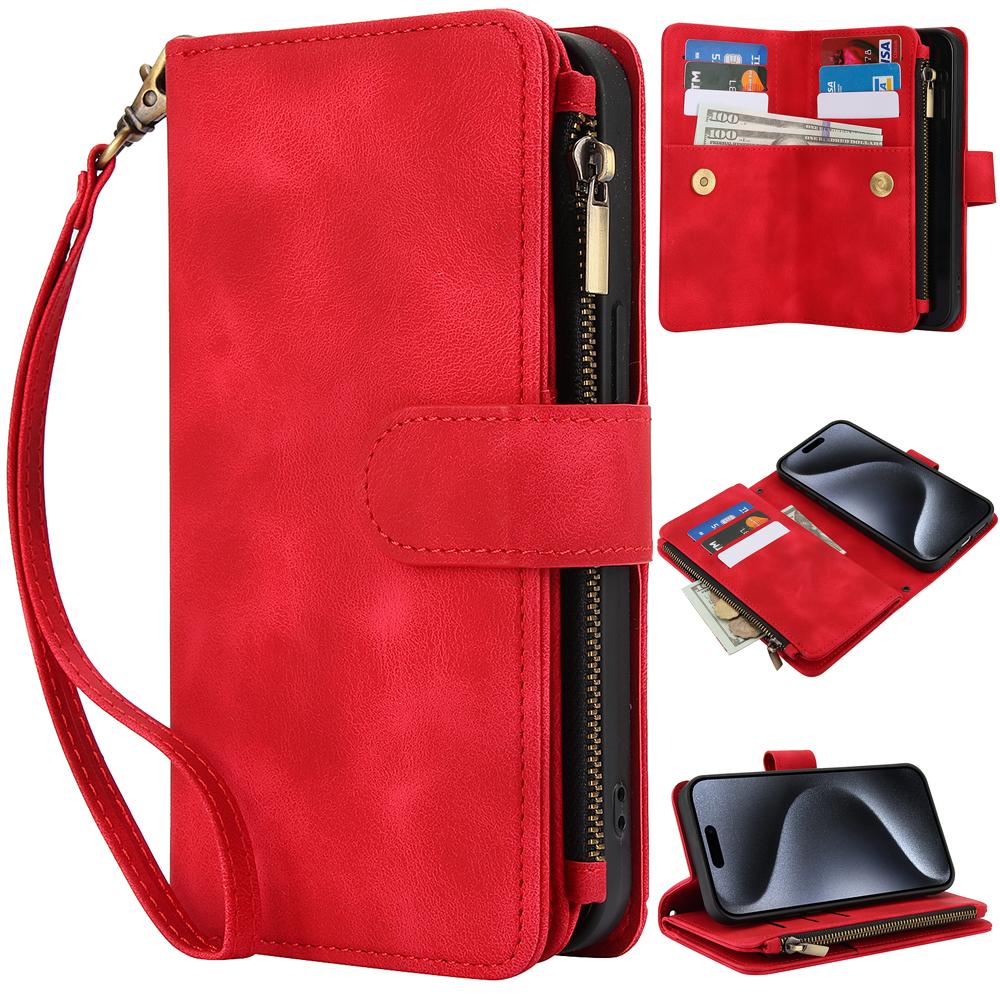 Peněženka 9 slotů na karty Flip Zipper Kožené pouzdro pro iPhone 16 15 Plus 14 13 12 11 Pro Max XR X Samsung S24 S23 S22 S21 Ultra Plus FE A15 A55 A14 A34 A54