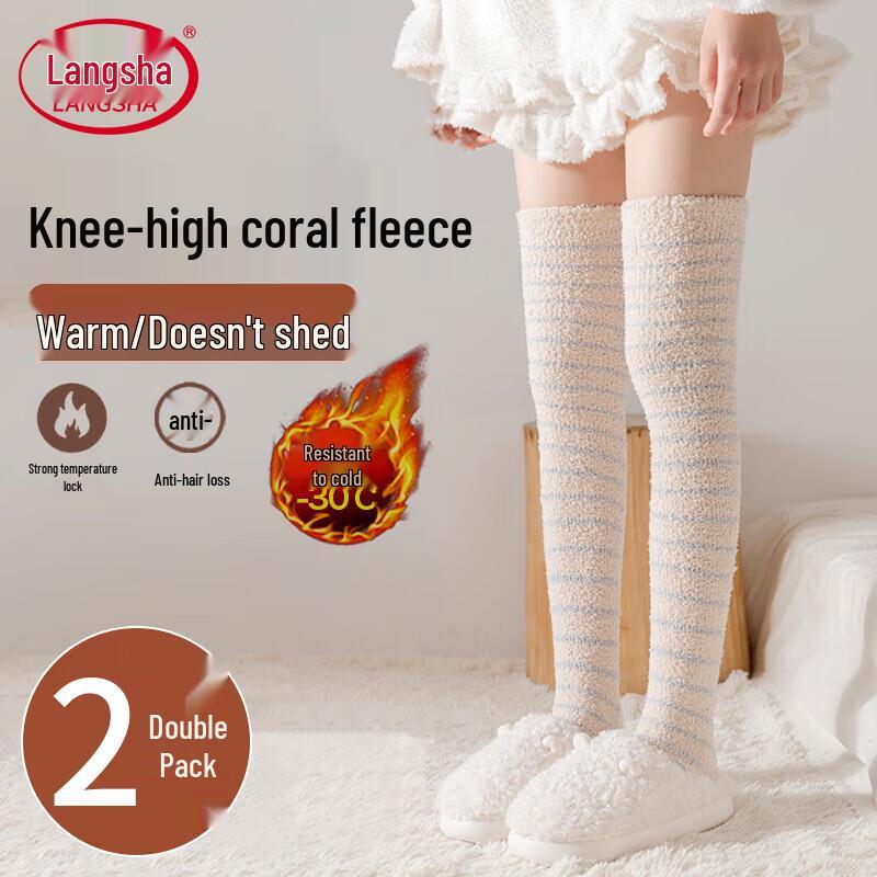 Langsha Women s Thick Winter Coral Fleece Striped Over-the-Knee Sleep Socks One Size