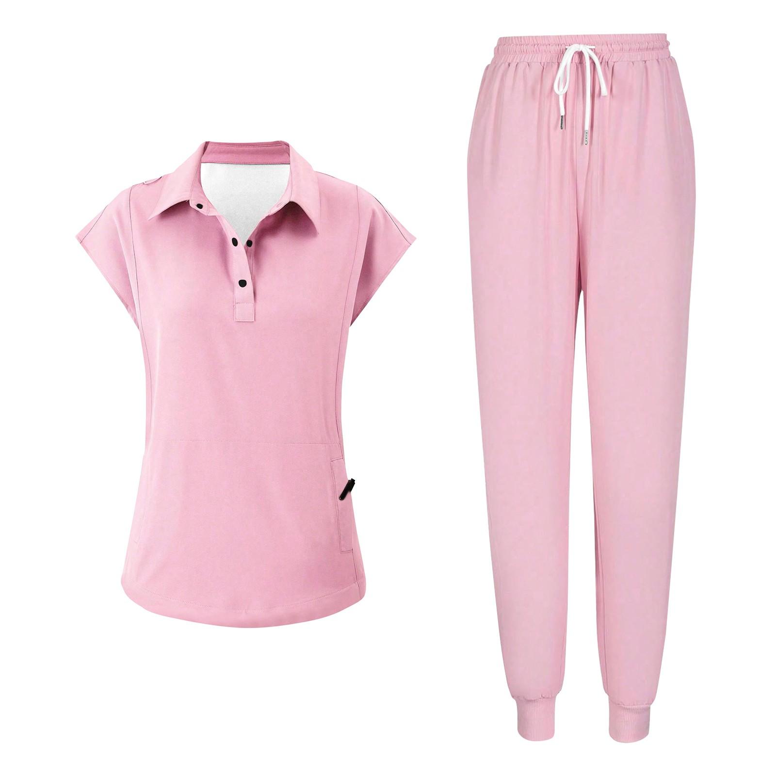 

Женская летняя однотонная свободная униформа с V-образным вырезом, карманами и короткими рукавами S розовый