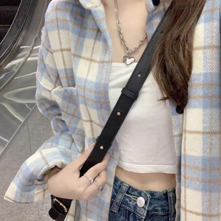 Green plaid shirt women's spring and autumn new loose outer wear design sense niche shirt POLO collar top jacket