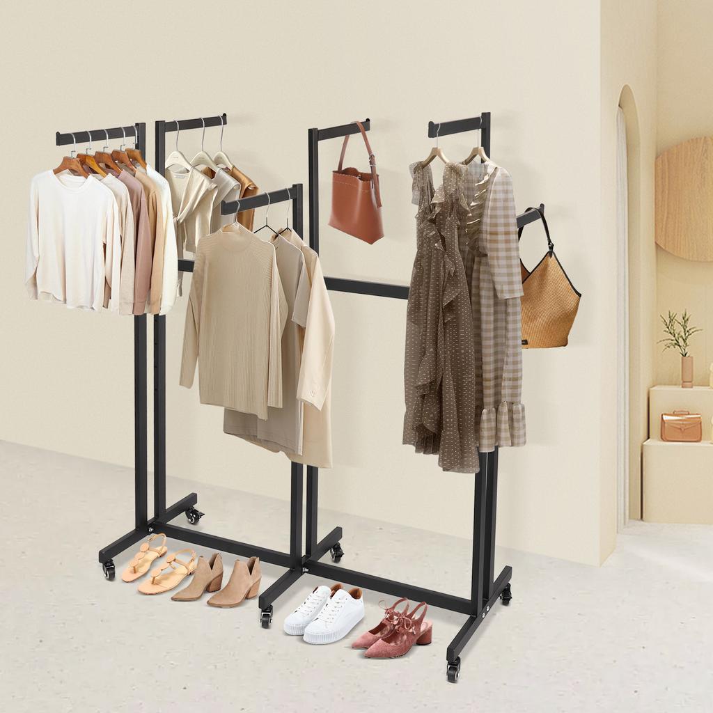 Schwarzer 6-armiger rollender Kleiderständer, Verstellbarer Kleiderständer mit Rädern, Schwerlast-Bekleidungsständer für Einzelhandelsgeschäft