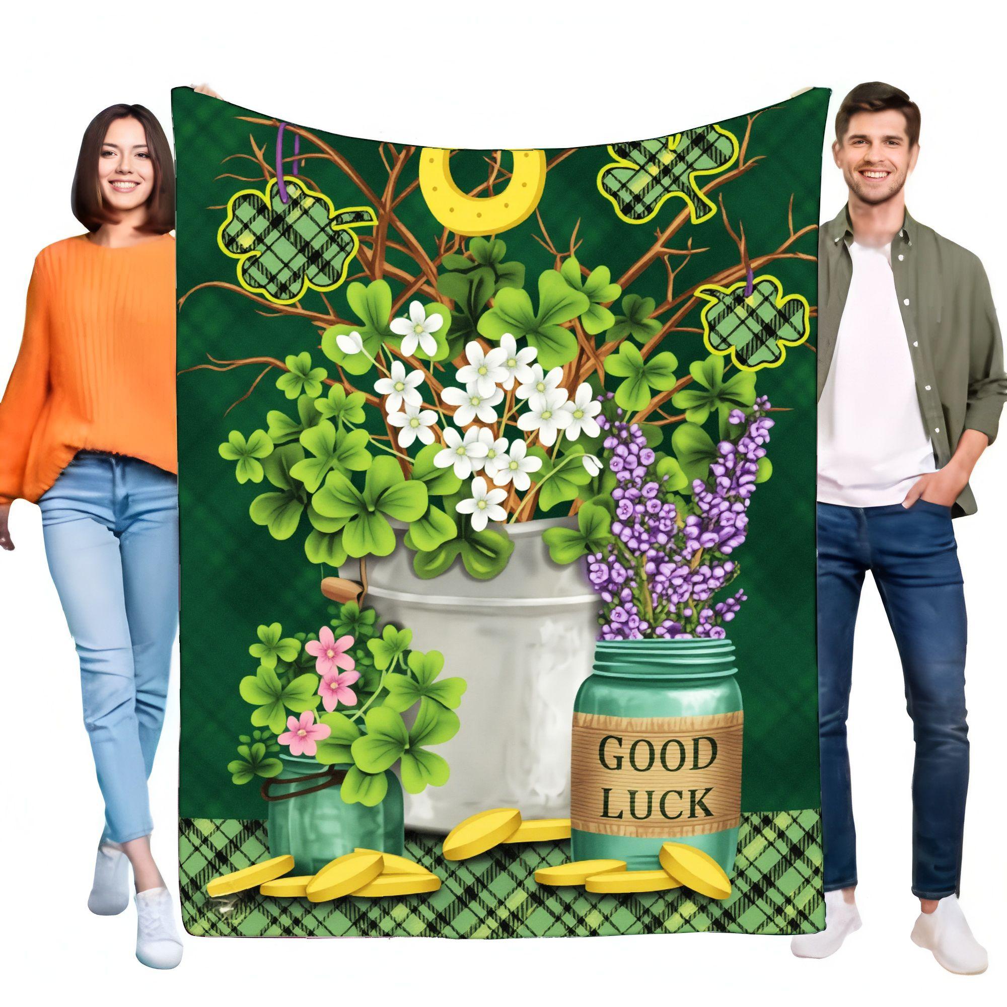 

St. Patrick’s Day Decorative Blanket Wall Hanging with Green Clover Leaves, Good Luck Mason Jar, Pink Flowers, Gold Coins, Perfe 75cmx90cm