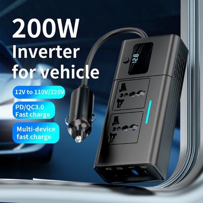 200W 12V To 220-240V AC Universal Socket USB-C USB-A QC3.0 PD Fast Charger Digital Display Car Power Inverter