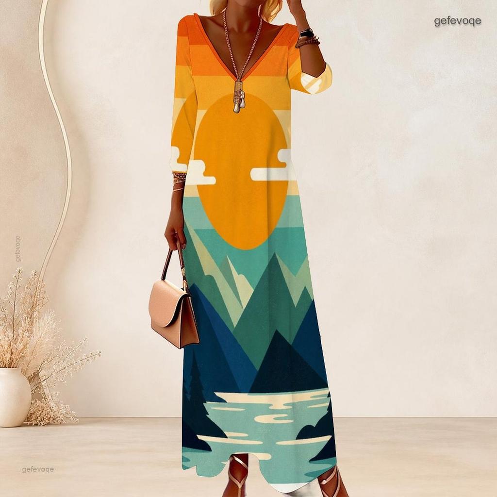 Women Plus Size V Neck Three Quarter Sleeve Palm Print Gradient Long Dress
