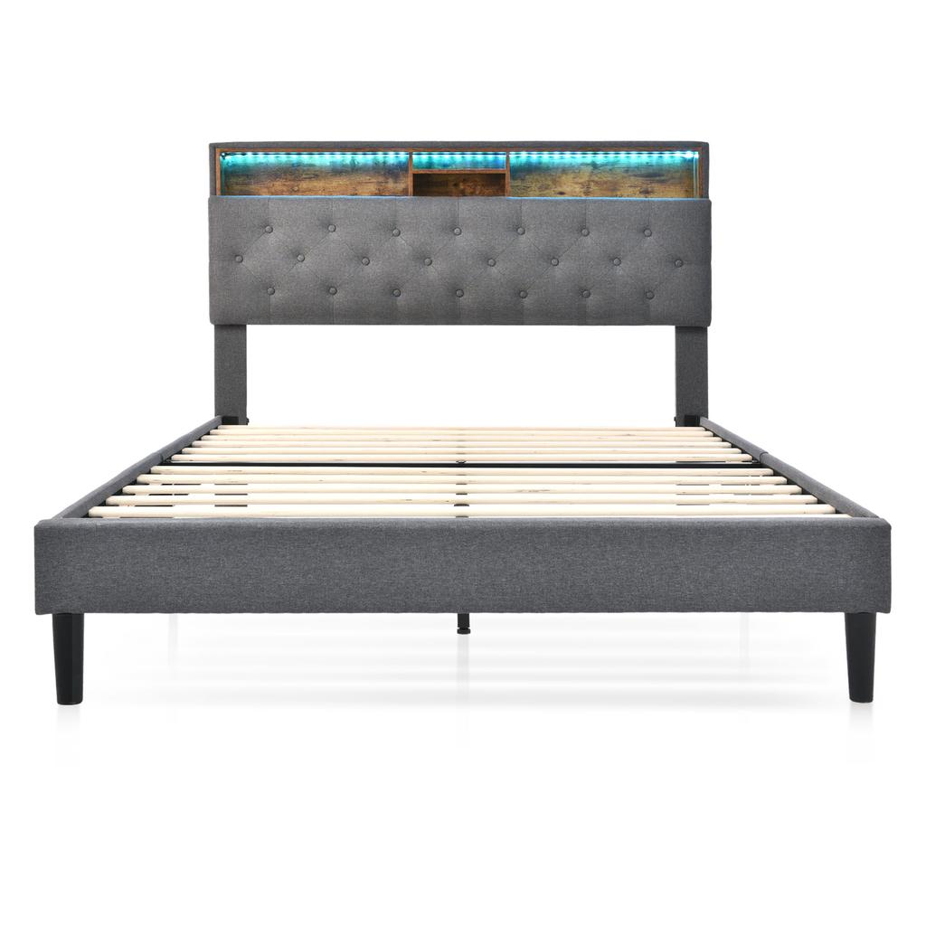 Upholstered Bed Double Bed Storage Headboard Bed with LED Lighting Bed Frame Slatted Frame made of Wood,140*200CM Grey (With Mattress)