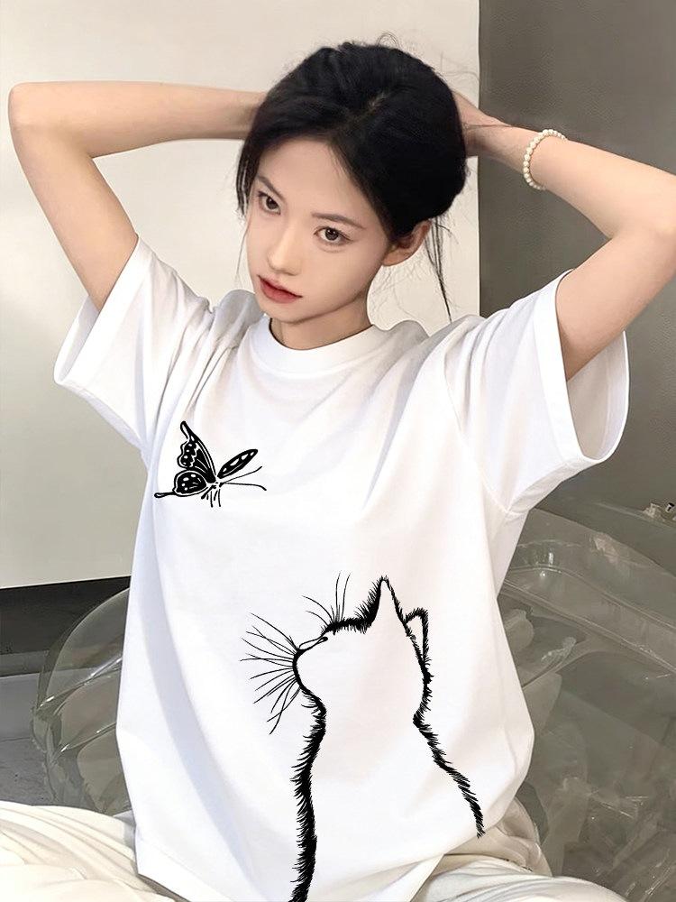 Pure cotton black short-sleeved women's t-shirt new popular summer unique design niche top loose t-shirt