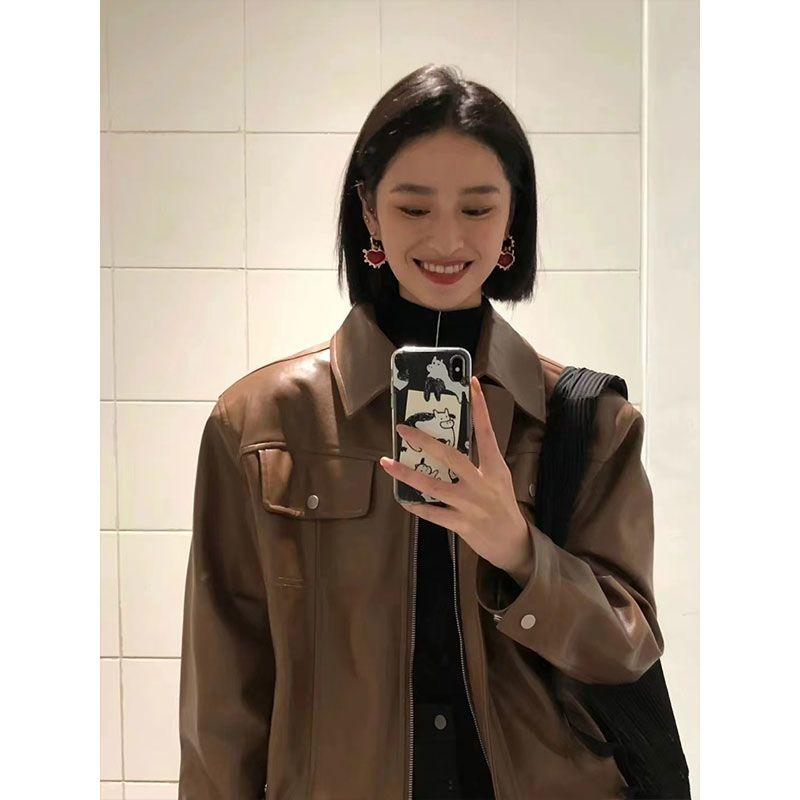 

Spring New Korean Style Loose Brown Retro Street Leather Women s Workwear Motorcycle Pu Jacket S коричневый
