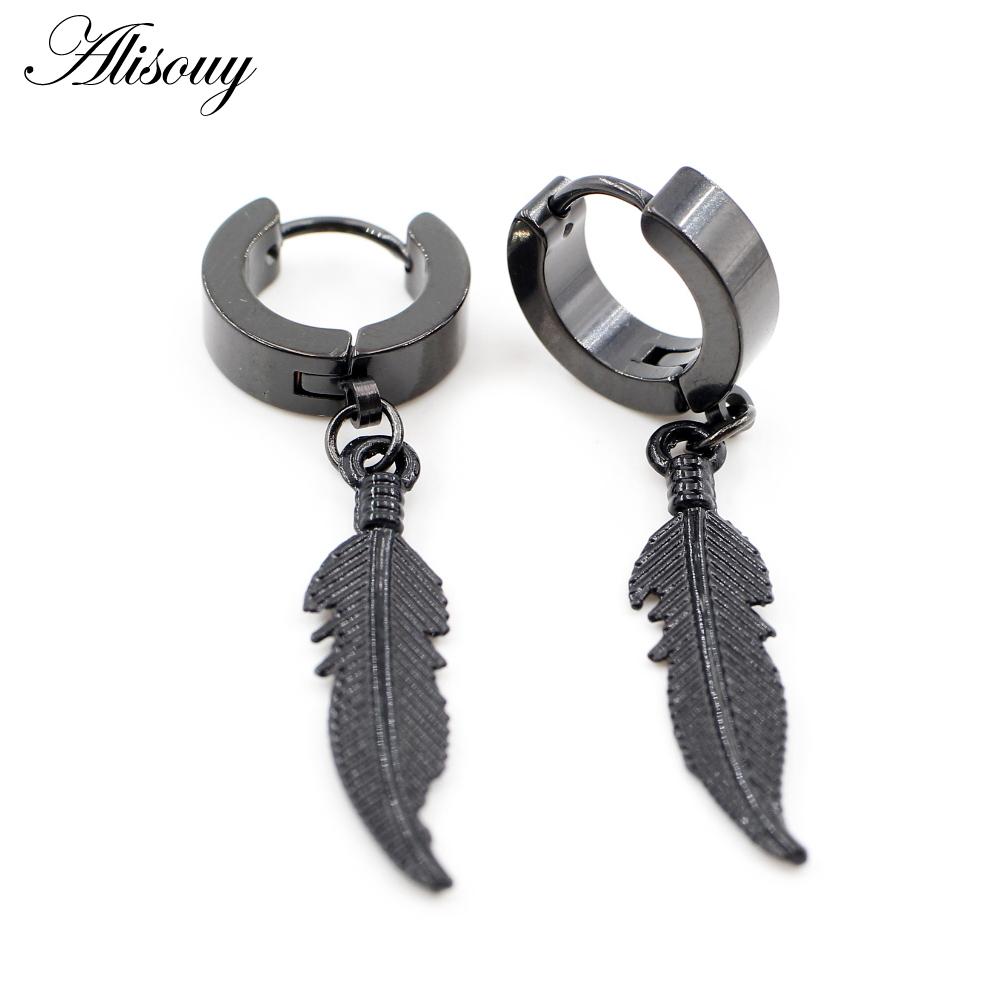 Alisouy 2PCS Stainless Steel Star Cross Snake Spike Skull Sword Blade Chain Feather Spider Dangle Women Men Huggie Hoop Earrings