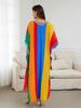 EDOLYNSA Flag Color Printed Boho Hand-knit V Neck Bat Sleeve Beach Dress 2024 Summer Women Loose Kaftan Beachwear Swimsuit Cover Up