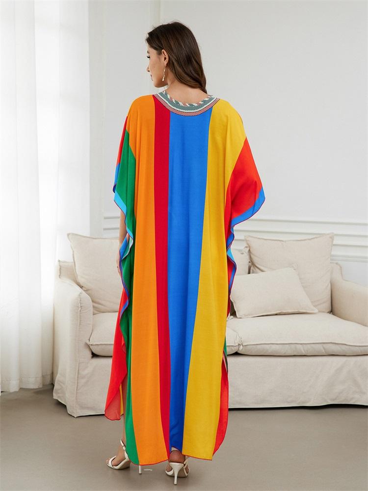 EDOLYNSA Flag Color Printed Boho Hand-knit V Neck Bat Sleeve Beach Dress 2024 Summer Women Loose Kaftan Beachwear Swimsuit Cover Up