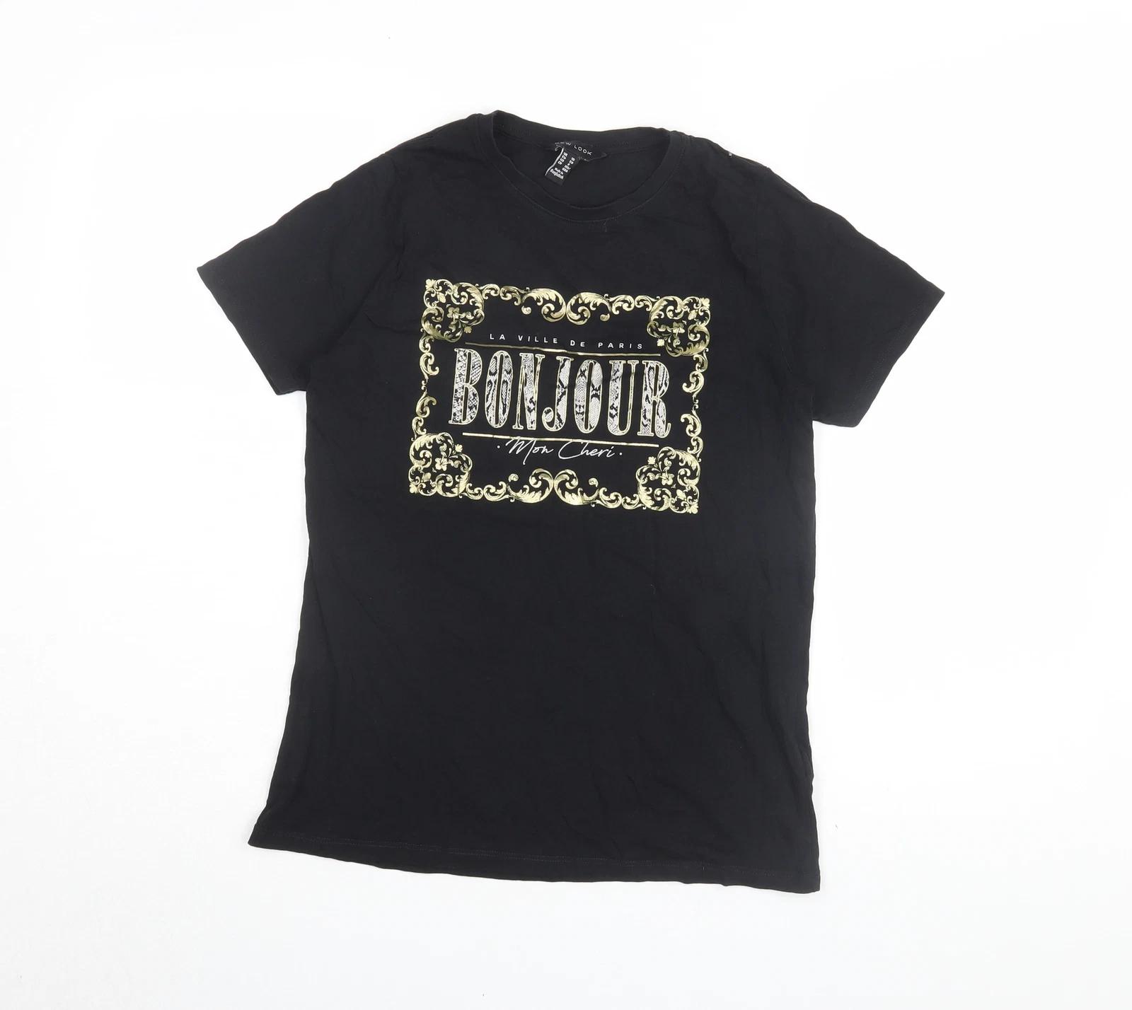 

New Look Women s Black T-Shirt UK 10 French Graphic Casual XL