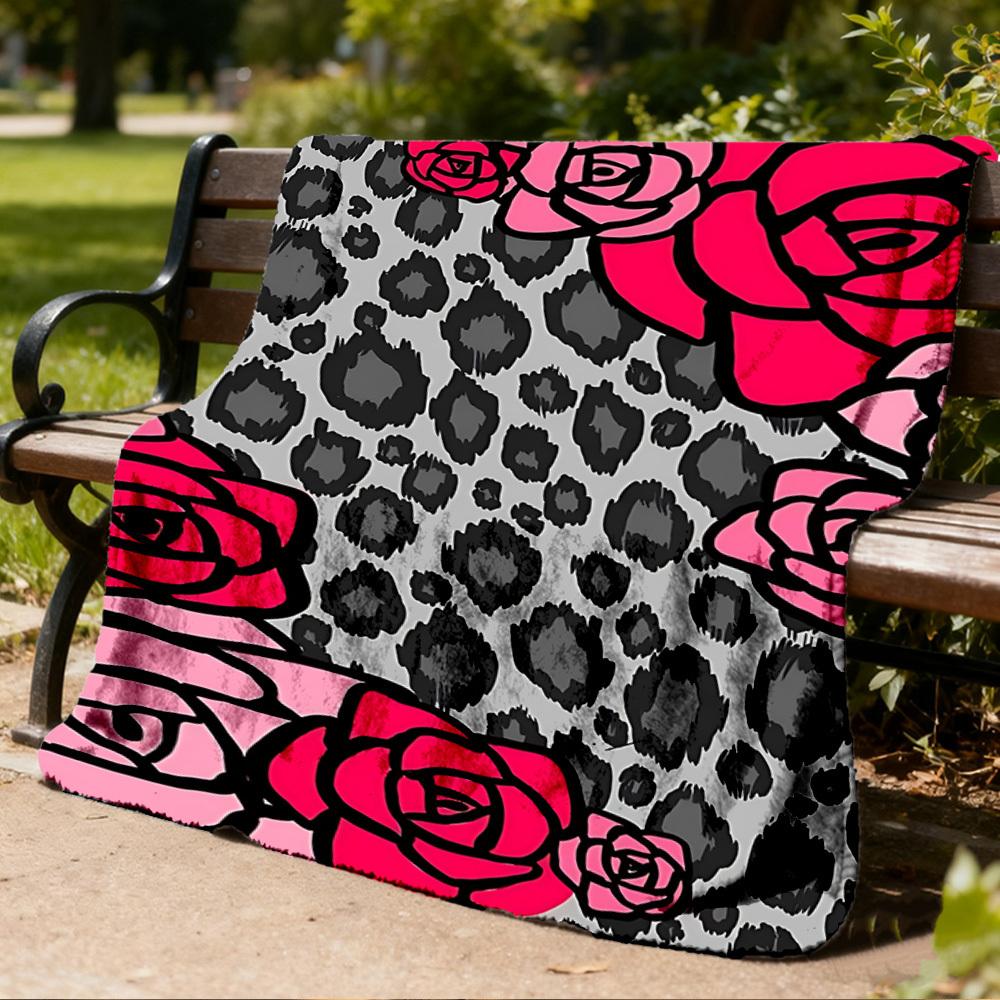 1pc Leopard Roses Pattern Outdoor Flannel Blanket , Machine Washable Perfect Gift for Birthday , Holiday Travel Accessory , Durable Material