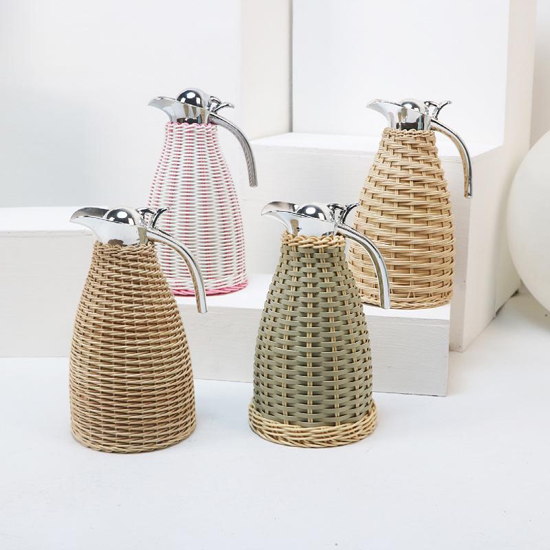 European Style Rattan Woven Stainless Steel Insulated Coffee and Hot Water Thermos Pot