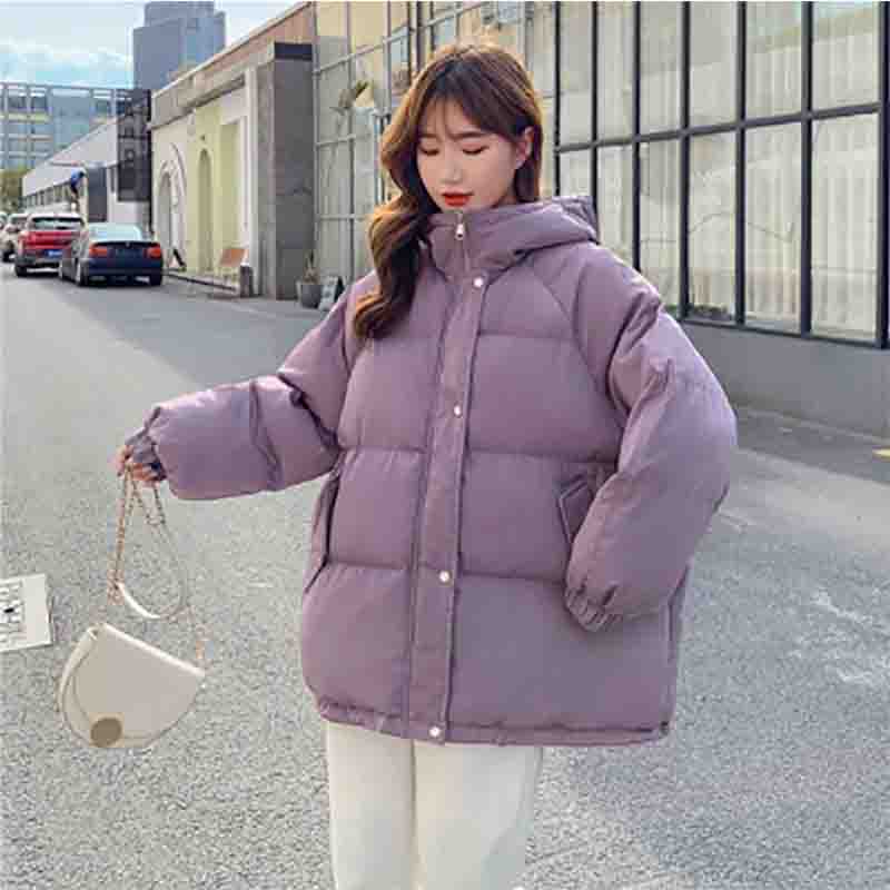 Jachetă de iarnă din bumbac cu glugă pentru femei Parka scurtă, haina caldă, rezistentă la vânt, jachetă îngroșată de puf, culoare solidă