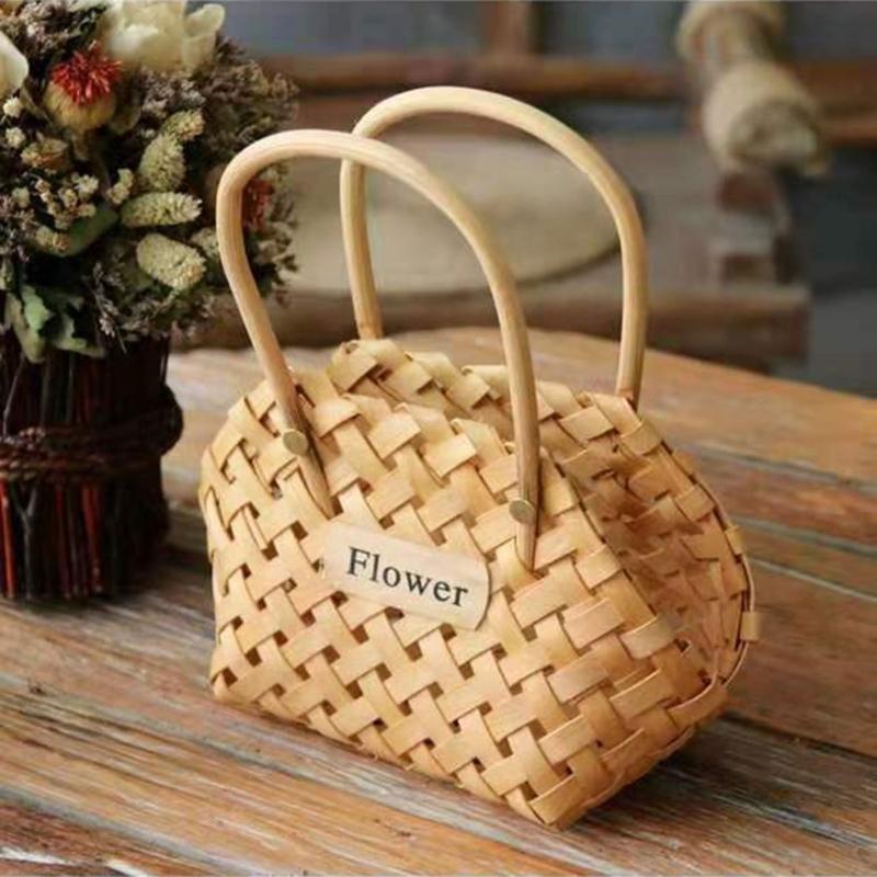 Hand-Woven Wood Flower Basket for Teacher's Day and Mother Day Online Celebrity Posing Props Portable Gift Basket