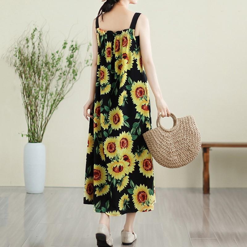 Sleeveless Strap Plus Size Chiffon Vintage Floral New In Dresses For Women Casual Loose Long Summer Dress