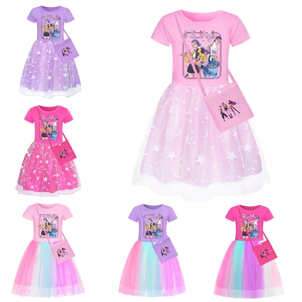 Kpop Demon Hunters Pattern Girl Dress With Cotton Fabric And Pleated Skirt For Kids Girls
