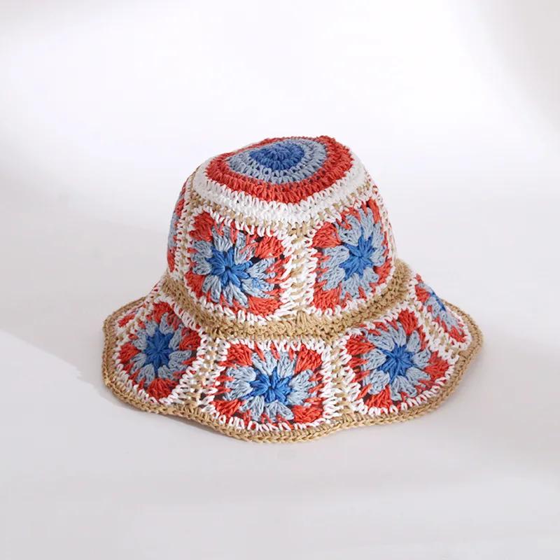 Japan Korea Crochet Beach Straw Hat Women Summer Flowers Grid Pure Hand-woven Hat Sunshade Fisherman Breathable Bucket Gorras