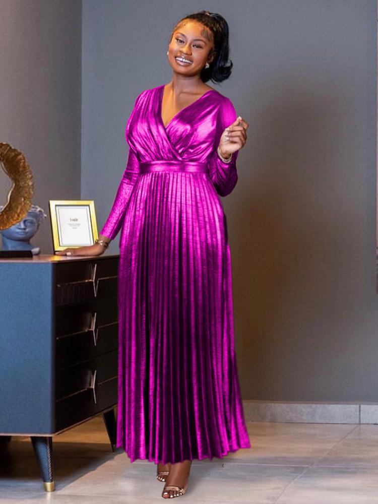 AOMEI Skládané šaty s výstřihem do V, dlouhý rukáv, zlatý, vysoký pas, metalická délka ke kotníkům, společenské koktejlové šaty pro ženy