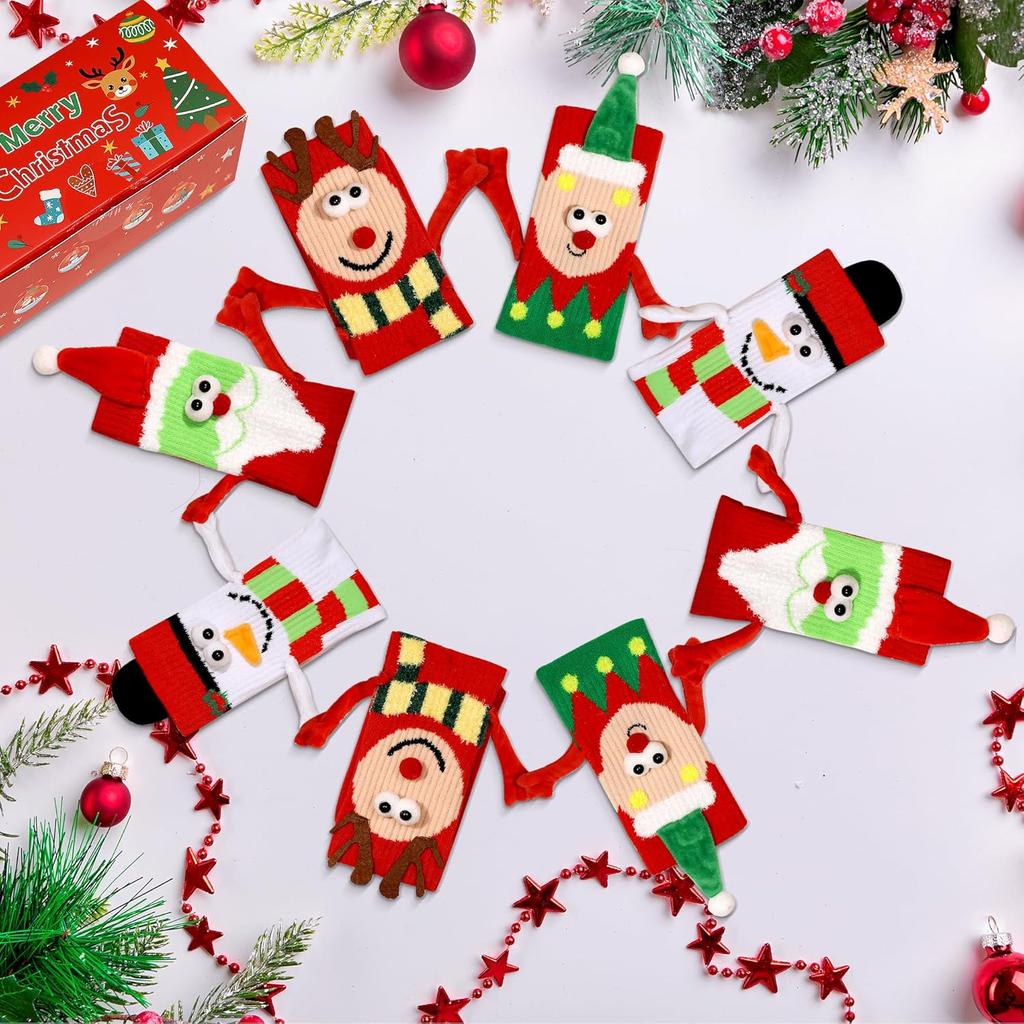 4 Pairs Funny Christmas Socks Magnetic Hand Holding Stocking Stuffers for Women Men Couples, White Elephant Exchange Gifts, Xmas Secret Santa Gag