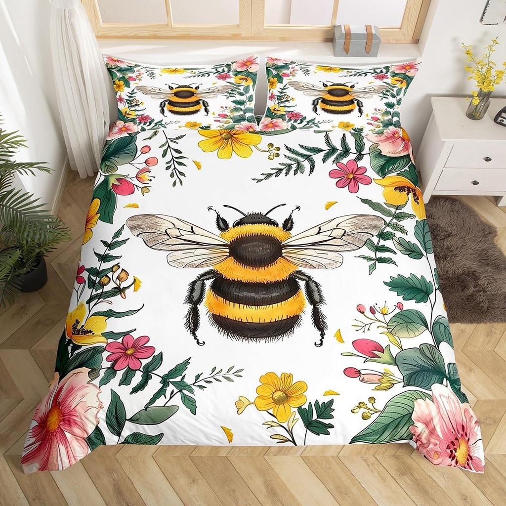 Bee Honeycomb Bedding Set Flying Wildlife Geometric Floral Duvet Cover Twin King Size Microfiber Hexagon Beehive Comforter Cover
