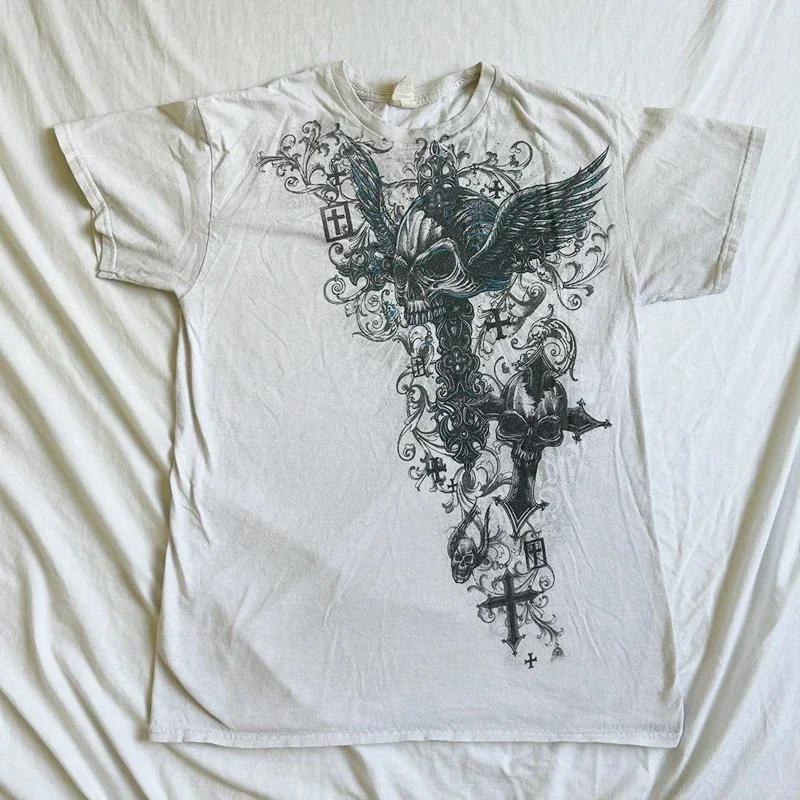 2000s affliction Retro T-shirts Men Grunge Cyber Goth Emo Skull Tees E-girl Graphic Print Short Sleeve Tops Vintage Streetwear