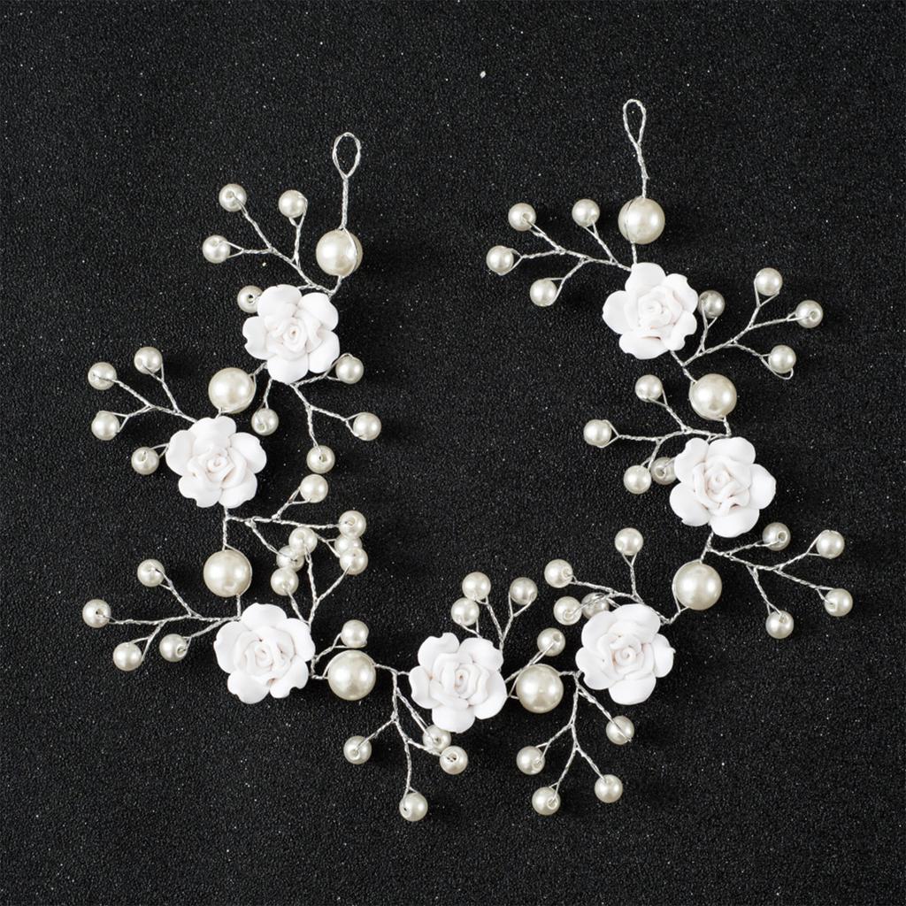 Bridal White Flower Headband Soft Ceramic Rose Headdress Pearls Hair Vine for Banquet Wedding Masquerade