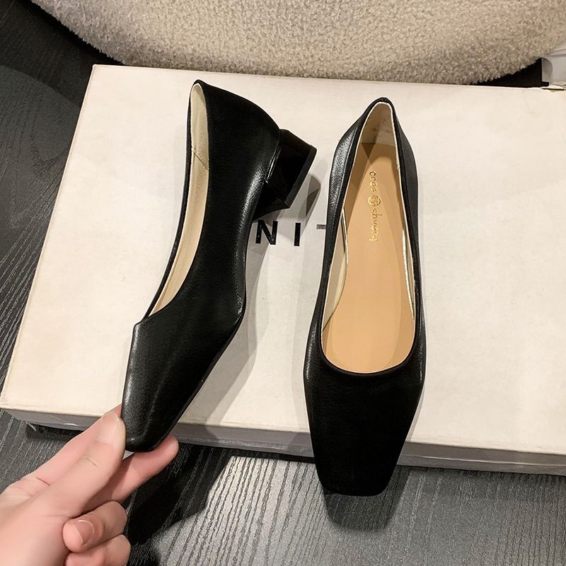 Women's Summer Footwear Square Toe Shoes for Woman 2024 Normal Leather Casual Low Heel Elegant Office Green Shoe Vacation Spring