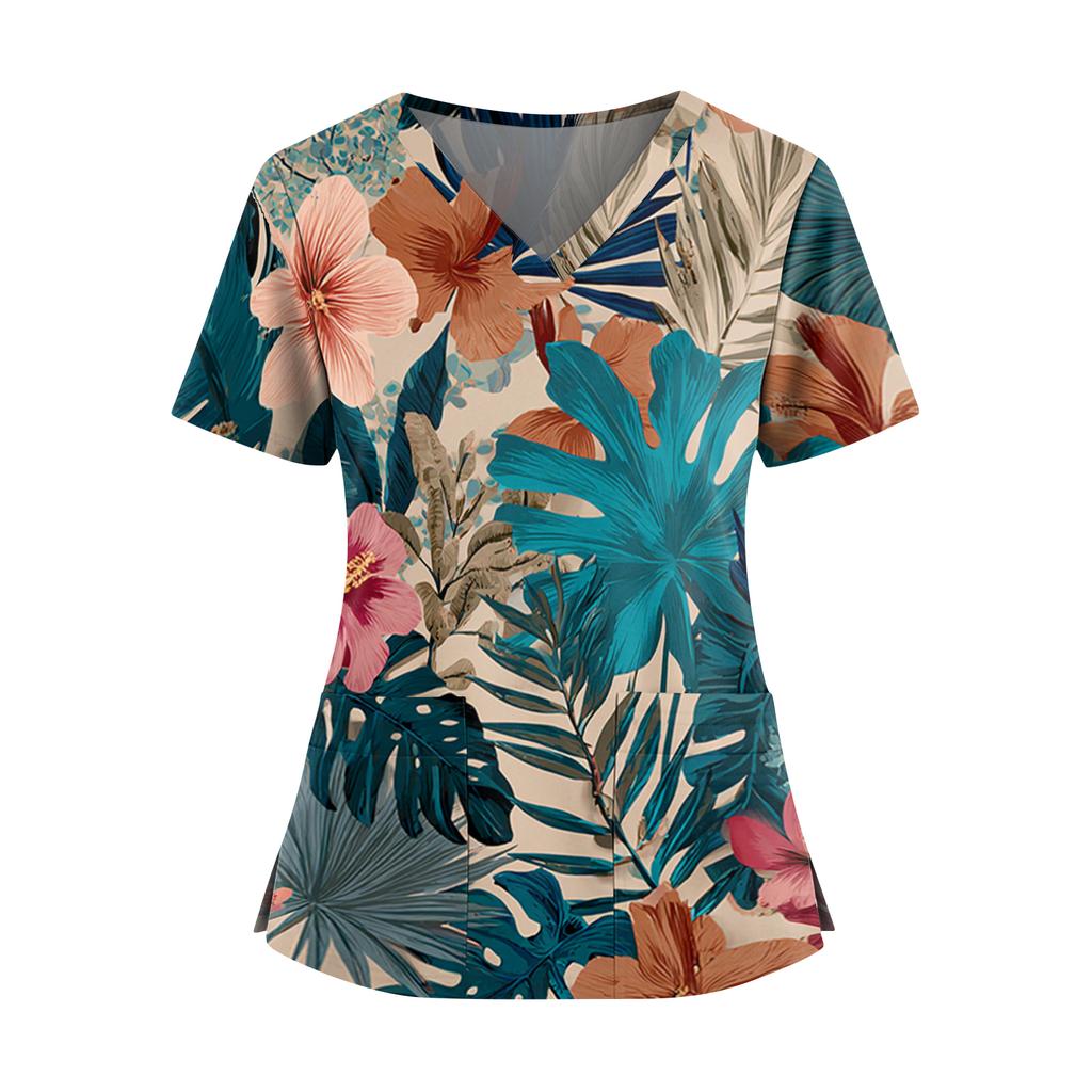 Women's Hawaiian Print V-Neck Double Pocket Short Sleeve Uniform/ Top