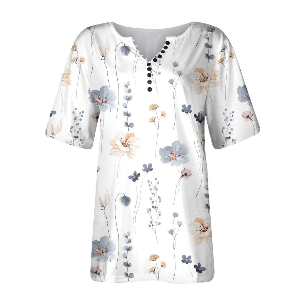 Camicie Estive Da Donna Stampa Scollo a V Manica Corta Top Blusa Top a Bottoni con Stampa Floreale