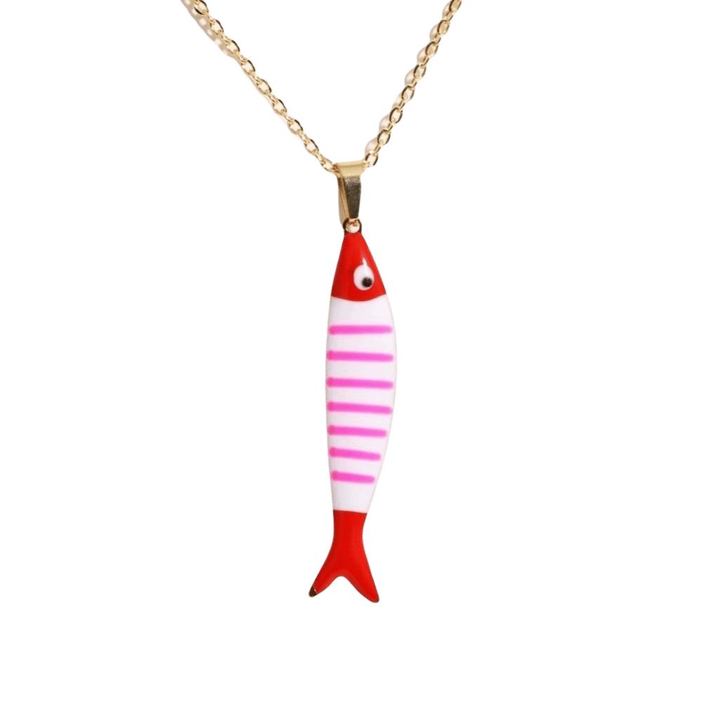 Stainless Steel Colorful Fish Necklace Lightweight Layered Necklace Travel Red Pink