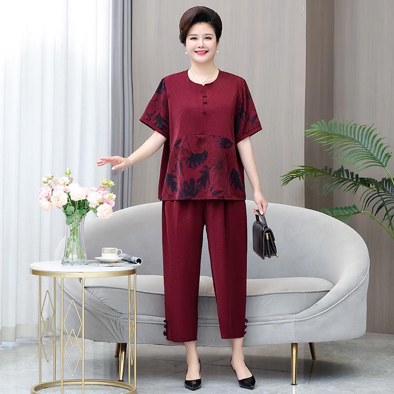 

Летний комплект больших размеров с коротким рукавом для женщин среднего и пожилого возраста - Свободный облегающий костюм-двойка 5XL (180-200 Jin)