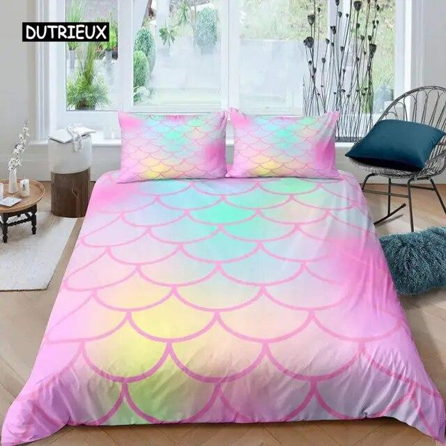 Fish Scales Duvet Cover Set Bedding Set Colorful Mermaid Scale Quilt Cover Pillowcase Queen Size Girls 2/3pcs Comforter Cover Three-piece Set